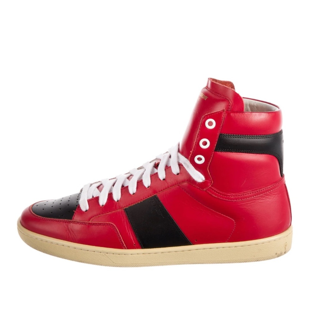 EUC Men Size 9 Saint Laurent Contrast-Stripe High Top Sneakers Red/Black